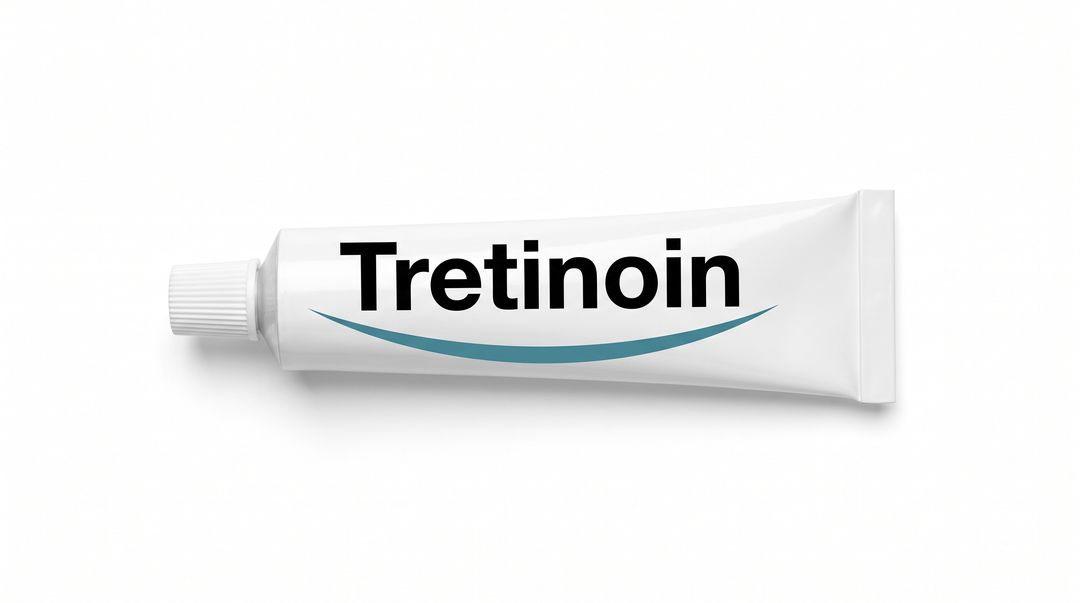 A plain white medicine tube lying at an angle on a white background, capped, labeled Tretinoin in black with a navy blue swoosh curving along its length.
