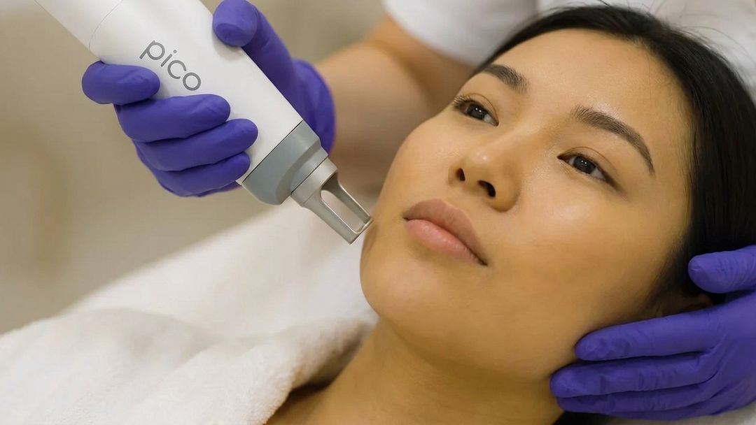 A gloved hand holding a picosecond laser handpiece against a woman's cheek as she lies on a treatment bed