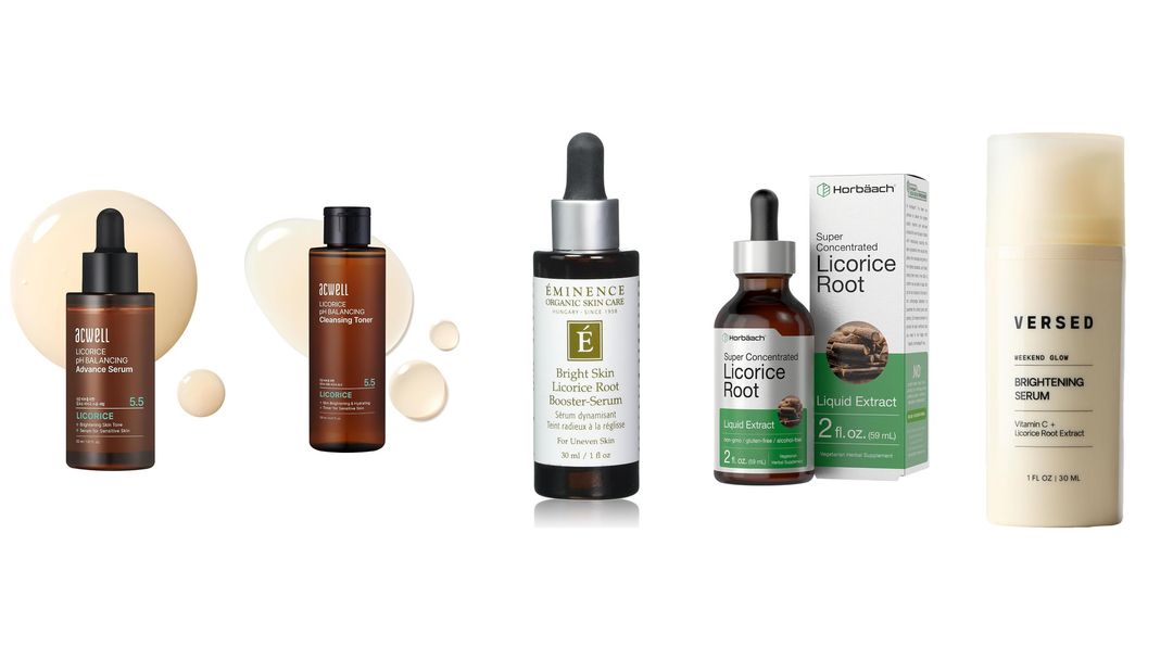 Five licorice root products on white, including two Acwell bottles, Éminence, Horbäach liquid extract and Versed