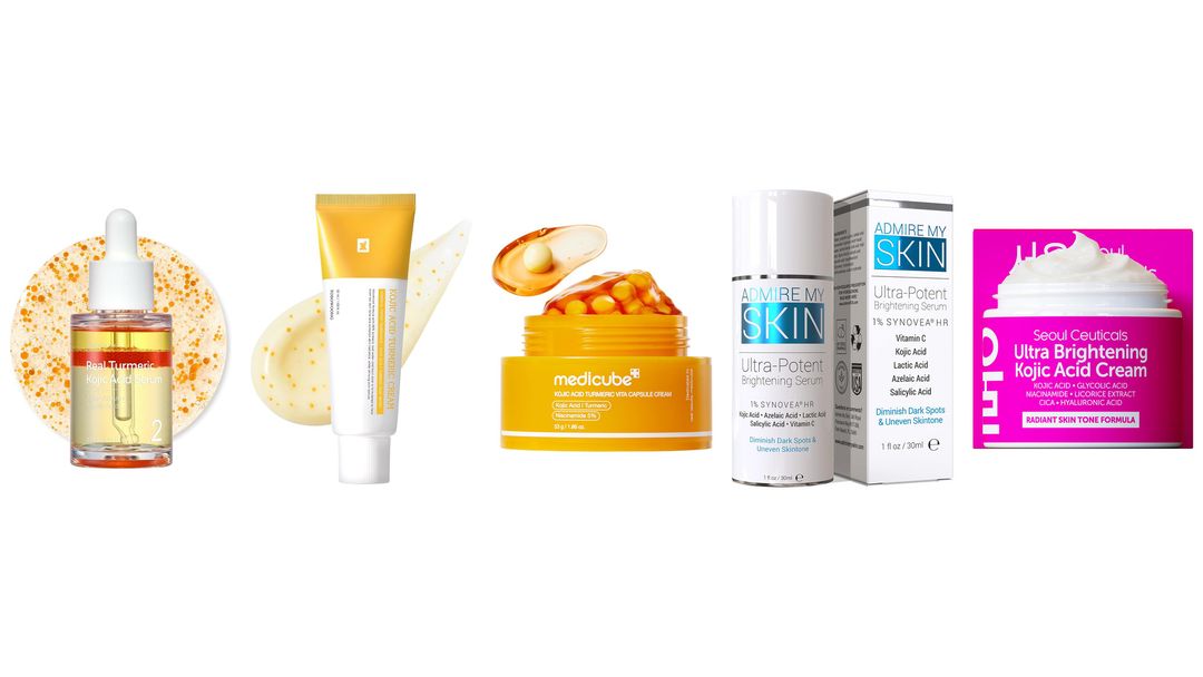 Five kojic acid products on white, including a turmeric serum, Medicube capsule cream, Admire My Skin and Seoul Ceuticals