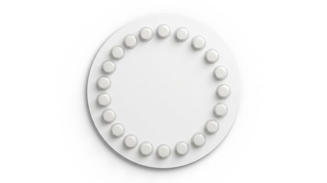 A silver blister pack photographed flat on a white background, holding twenty-eight tablets in four rows of seven. The top three rows are white and the bottom row is pale peach, which is the week of inactive pills.