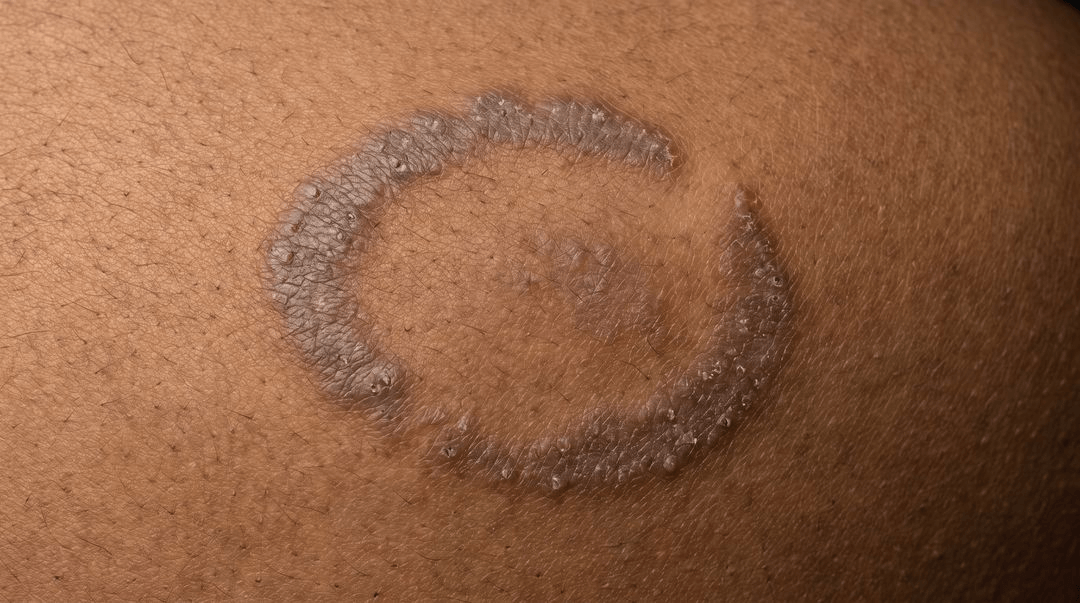 A round patch on a forearm on brown skin, with a raised scaly border a shade darker and grayer than the surrounding skin and a flatter middle. There is no redness anywhere in the patch.