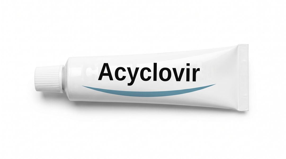 A white cream tube lying on its side on a white background, with a plain white label reading Acyclovir and a blue swoosh beneath it.