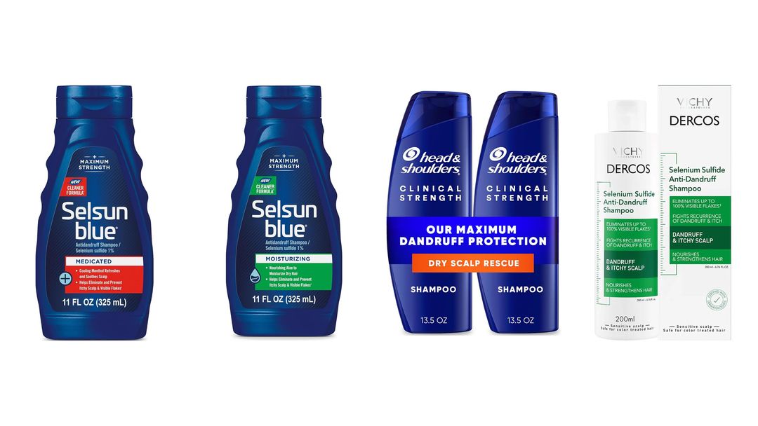 Two Selsun Blue bottles, two Head and Shoulders Clinical Strength bottles and a Vichy Dercos bottle and box