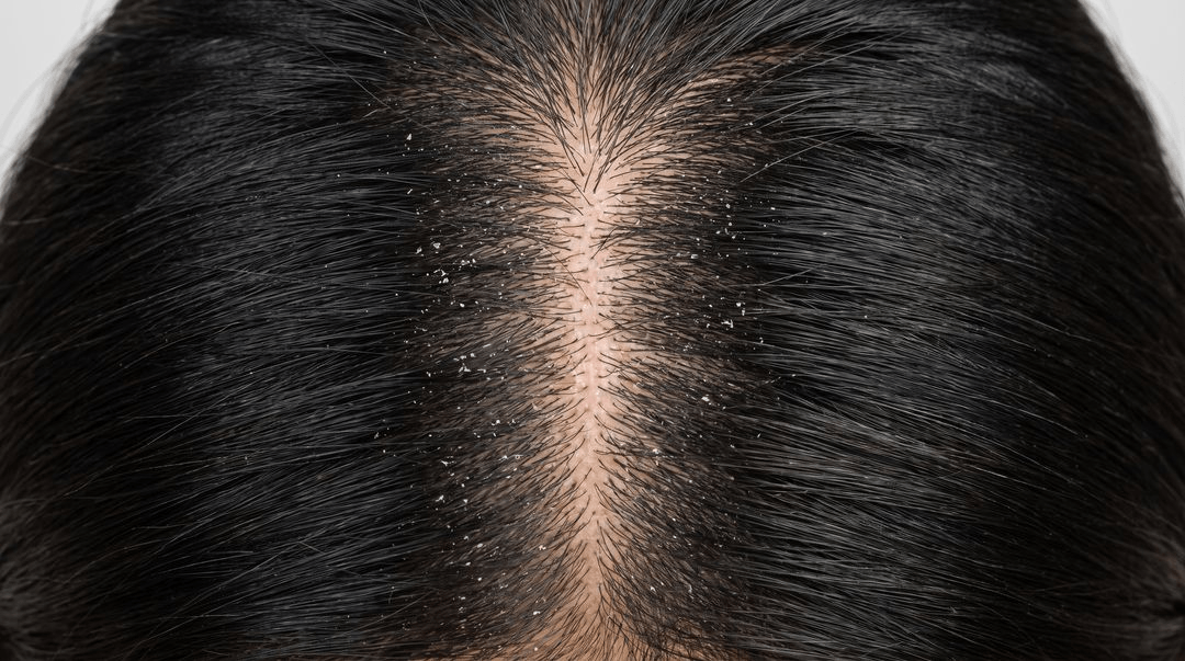 A part line in dark wavy hair, seen from above, on medium olive skin. Greasy yellow-white scale sits along the part and the scalp beside it looks dull pink-brown.