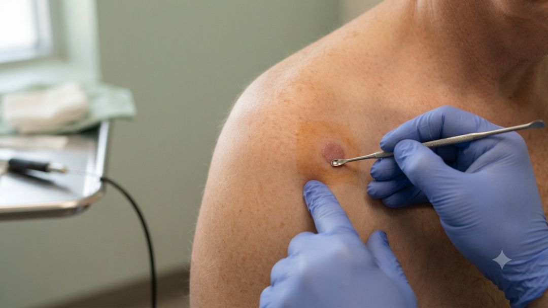 A gloved clinician treating a small dark spot on a patient's shoulder with a fine handheld instrument
