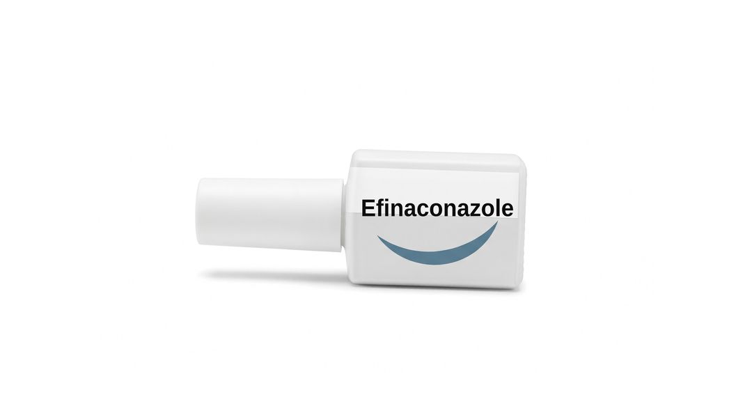 A white nail lacquer bottle on a white background, with a plain white label reading Efinaconazole and a blue swoosh beneath it.
