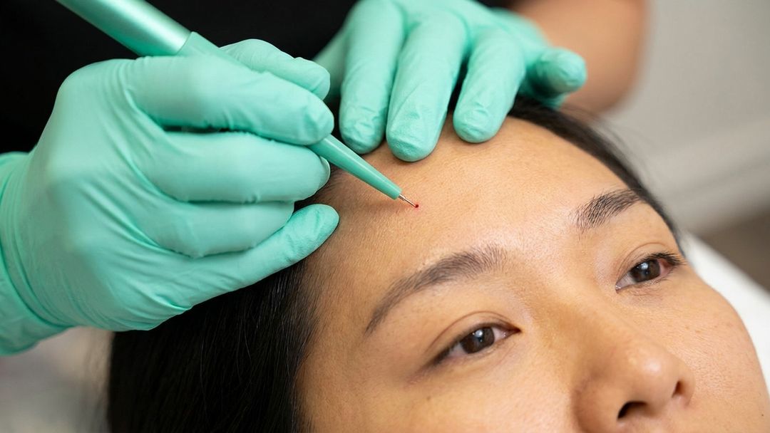 A gloved clinician taking a small round punch sample from a spot on a patient's forehead