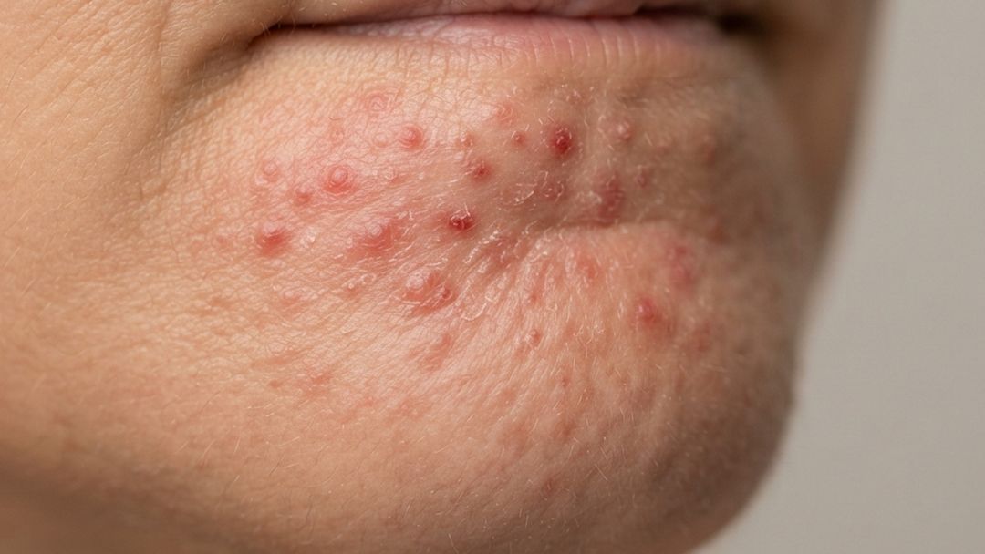 Close-up of small pink bumps and flaky skin clustered on the chin below the lower lip