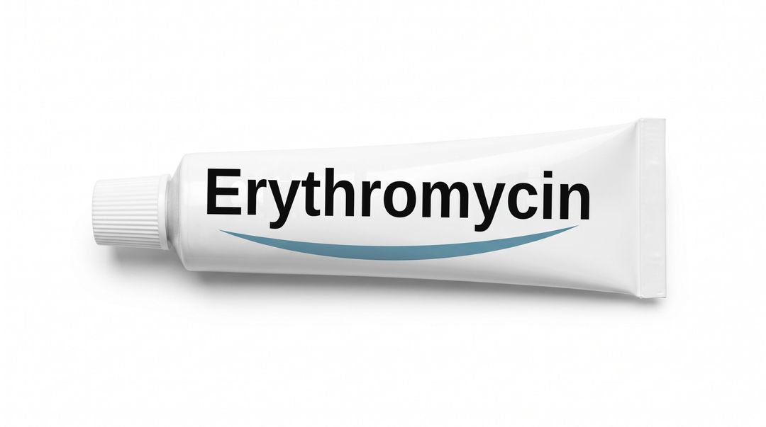 A white cream tube lying on its side on a white background, with a plain white label reading Erythromycin and a blue swoosh beneath it.