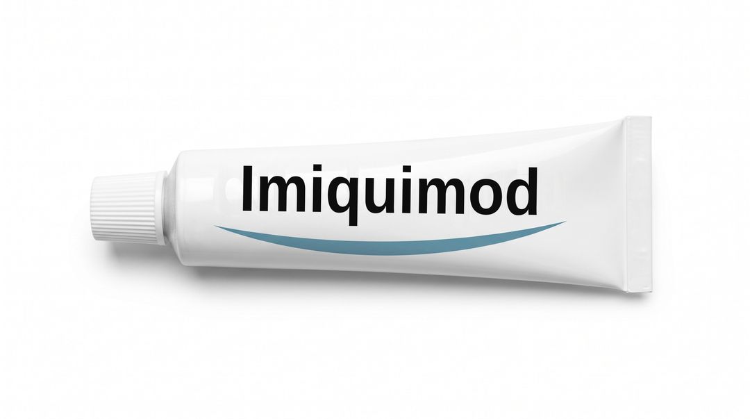 A white cream tube lying on its side on a white background, with a plain white label reading Imiquimod and a blue swoosh beneath it.