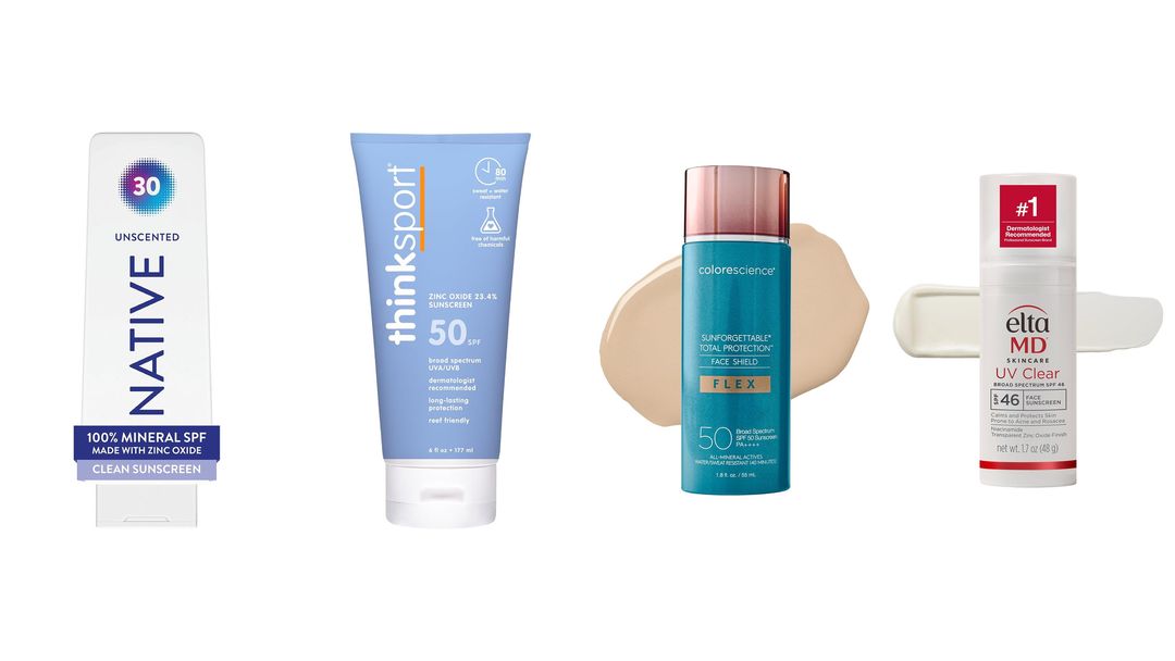 Four mineral sunscreens on white: Native SPF 30, Thinksport SPF 50, Colorescience Flex and EltaMD UV Clear