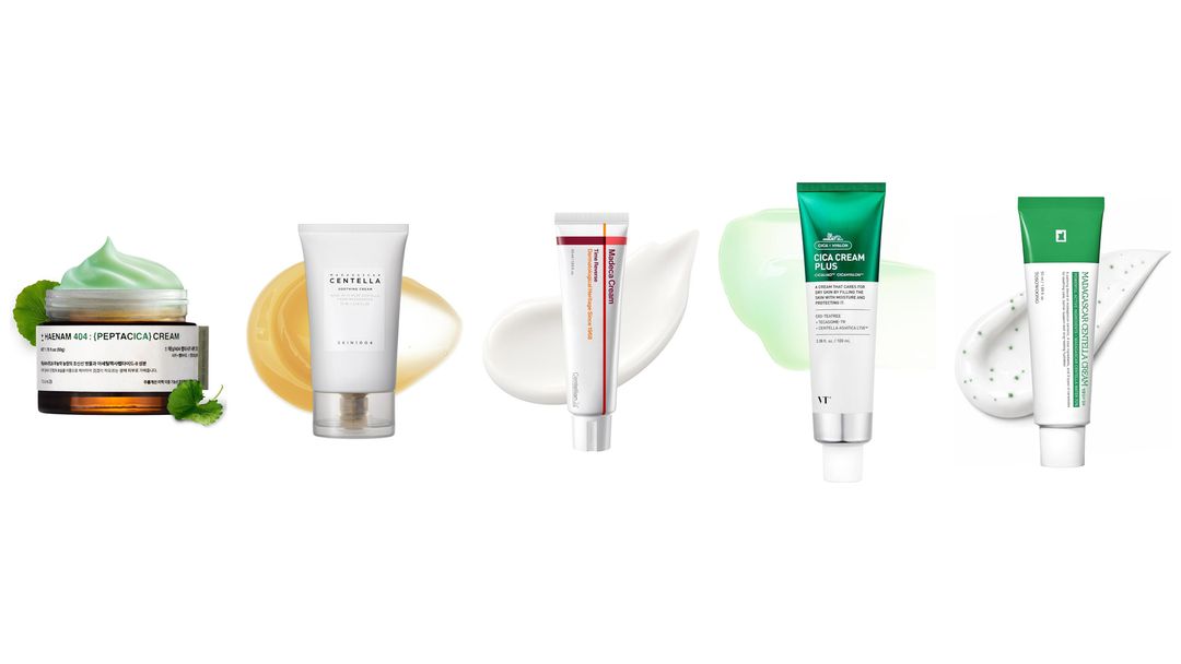 Five centella creams on white, a green-tinted jar plus tubes labeled Madagascar Centella, Madeca Cream and Cica Cream Plus