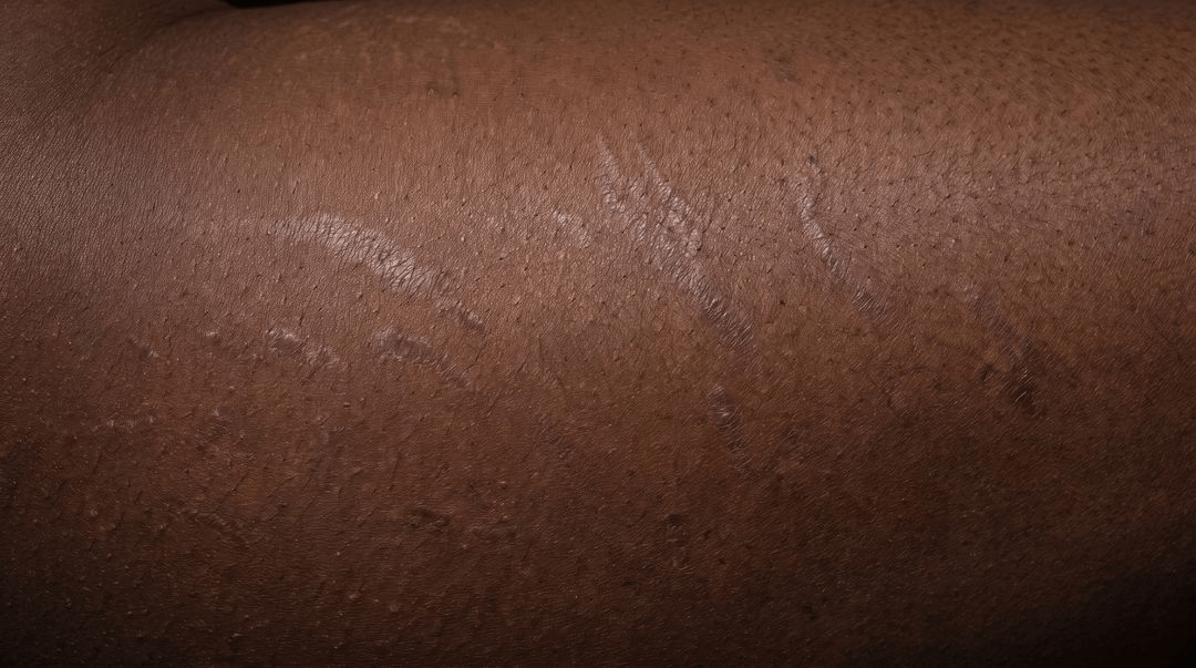 Pale, flat, silvery bands running down the hip and outer thigh of deep brown skin, standing out sharply against the surrounding skin, with a fine crinkled surface inside each band.
