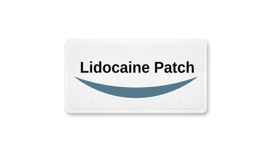 A white medicated skin patch on a white background, with a plain white label reading Lidocaine Patch and a blue swoosh beneath it.