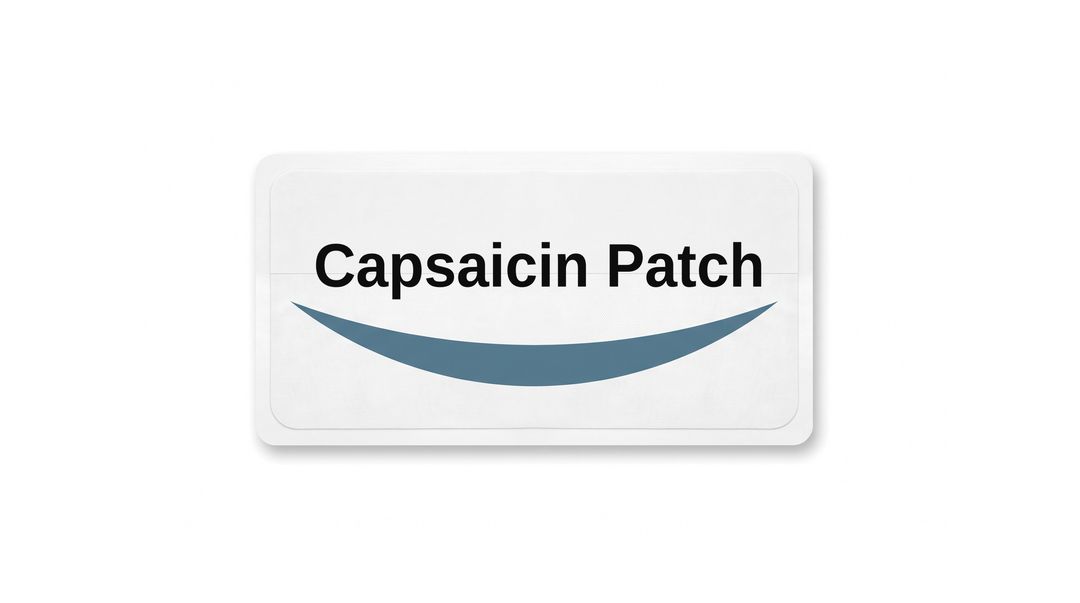 A white medicated skin patch on a white background, with a plain white label reading Capsaicin Patch and a blue swoosh beneath it.