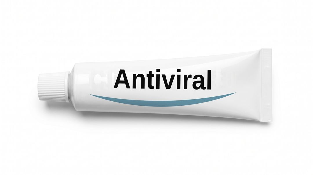 A white cream tube lying on its side on a white background, with a plain white label reading Antiviral and a blue swoosh beneath it.