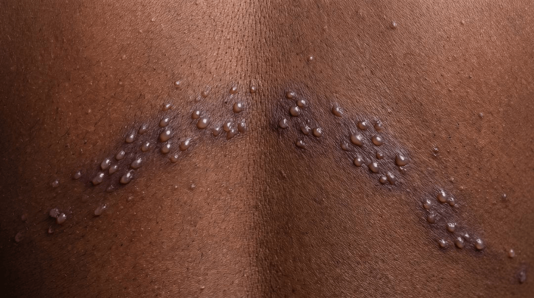 A band of small grouped blisters on deep dark brown skin, curving from the spine around one side of the ribcage. The skin under the blisters is only slightly darker than the surrounding skin, and the band stops at the middle of the back.