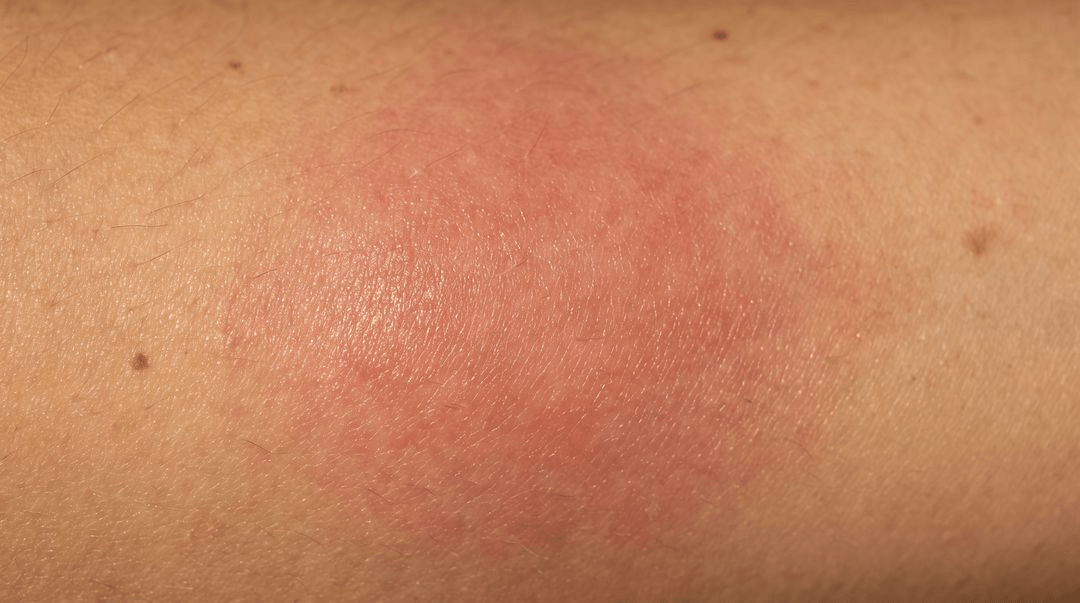 One lower leg on medium tan skin with a large dusky pink-brown area that is swollen and tight-looking, with a shiny surface and no clear edge.