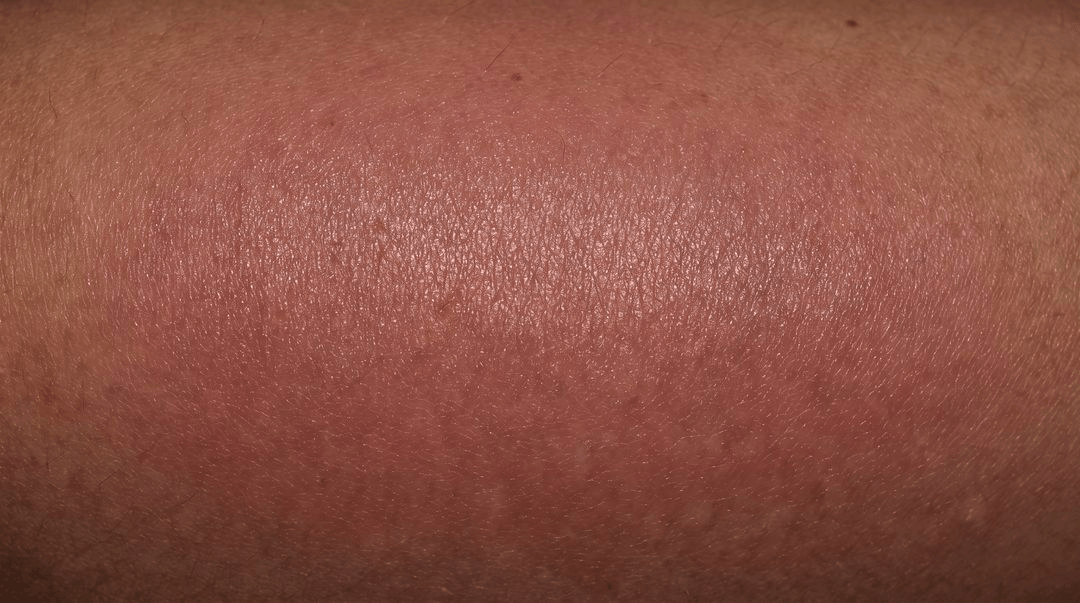 One lower leg on brown skin with a large area that is slightly darker and more violet than the skin beside it, swollen and tight-looking. The color change is subtle and has no clear edge.