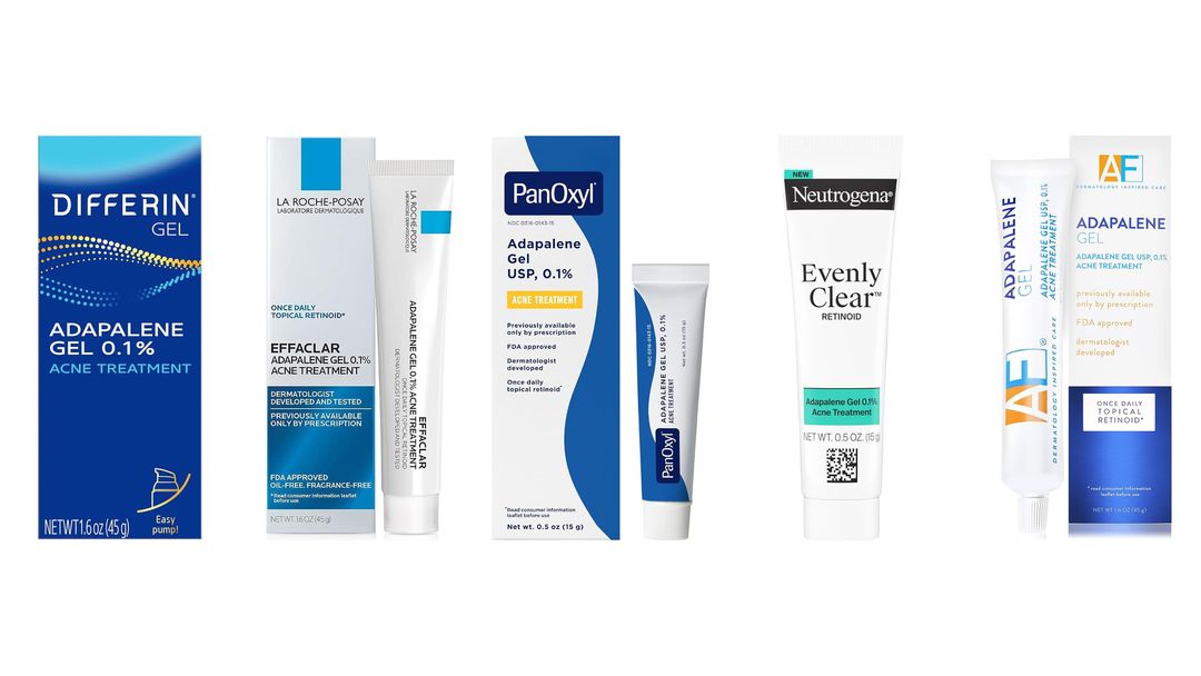 Five adapalene gel 0.1% tubes and boxes lined up on white, including Differin, Effaclar, PanOxyl and Neutrogena