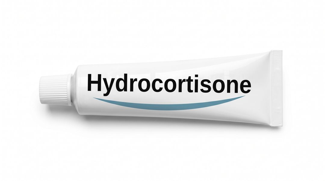 A plain white ointment tube lying on its side, labeled Hydrocortisone with a blue swoosh