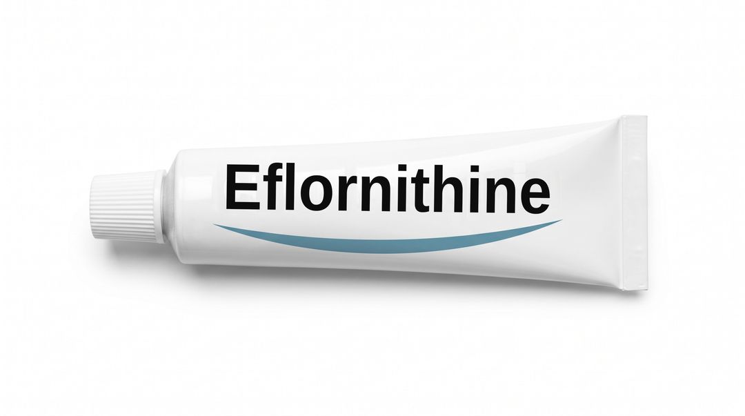 A white cream tube lying on its side on a white background, with a plain white label reading Eflornithine and a blue swoosh beneath it.