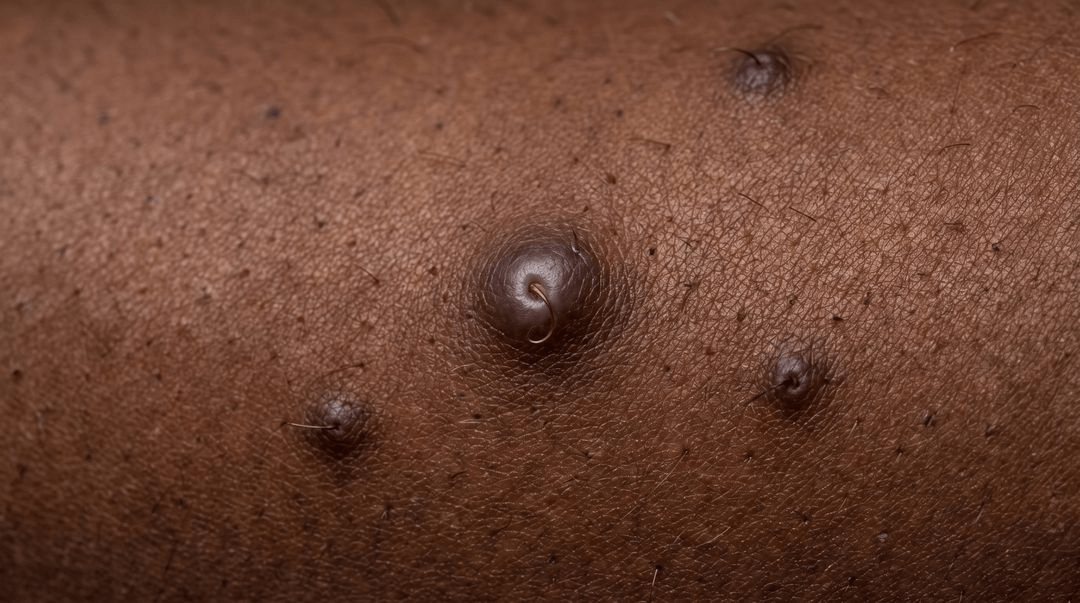 Firm bumps crowded under the jaw and along the upper neck on deep brown skin. The bumps read brown to violet rather than red, with mottled darker marks between them and one firm raised scar along the jaw.