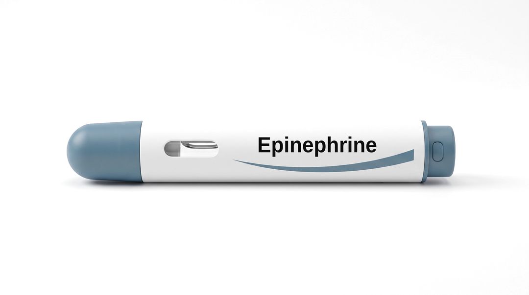 A white injector pen on a white background, with a plain white label reading Epinephrine and a blue swoosh beneath it.