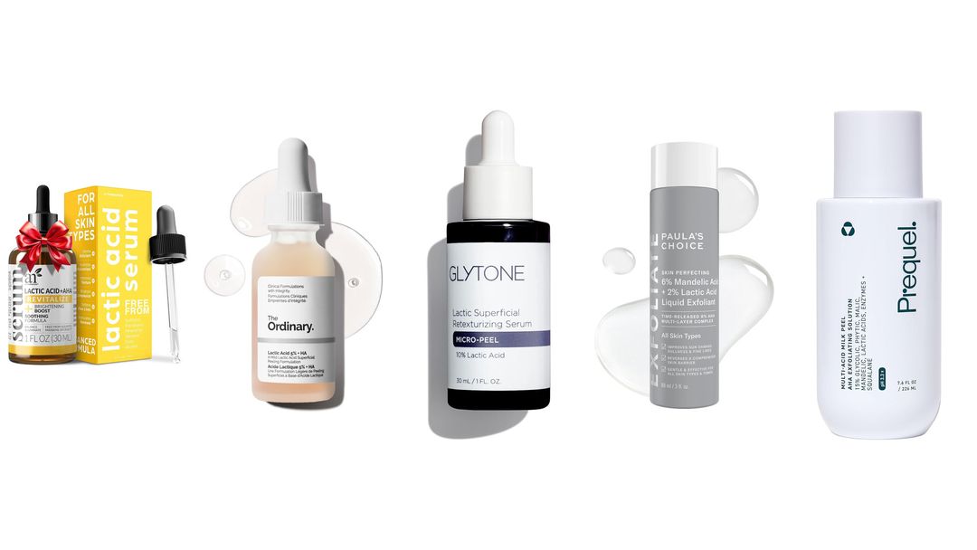 Five lactic acid serums lined up on white, from The Ordinary, Glytone, Paula's Choice and Prequel
