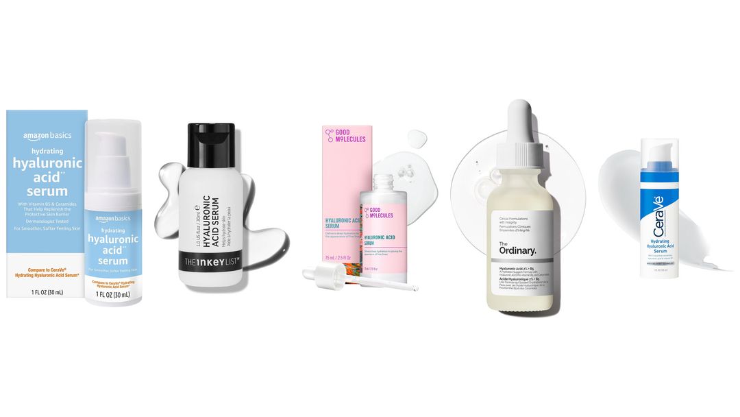 Five hyaluronic acid serums lined up on white, pump bottles and dropper bottles with their boxes