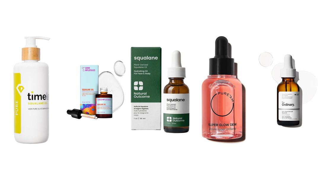 Five squalane oils with two boxes on white, from Timeless, Good Molecules, Natural Outcome, Pure'am and The Ordinary
