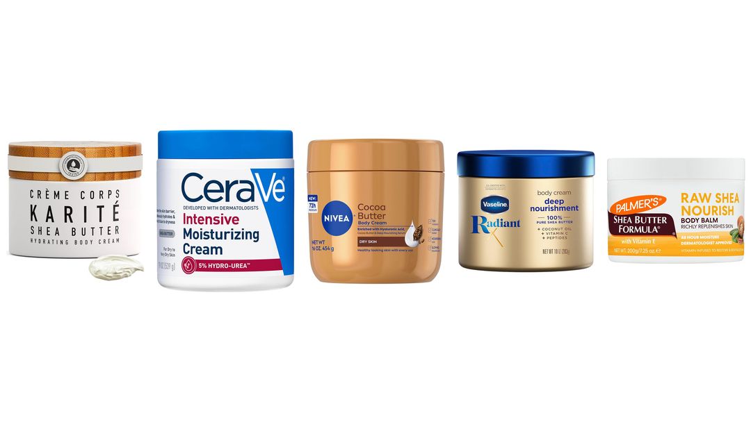 Five tubs of body cream on white, including Karité shea butter, CeraVe, Nivea, Vaseline Radiant and Palmer's
