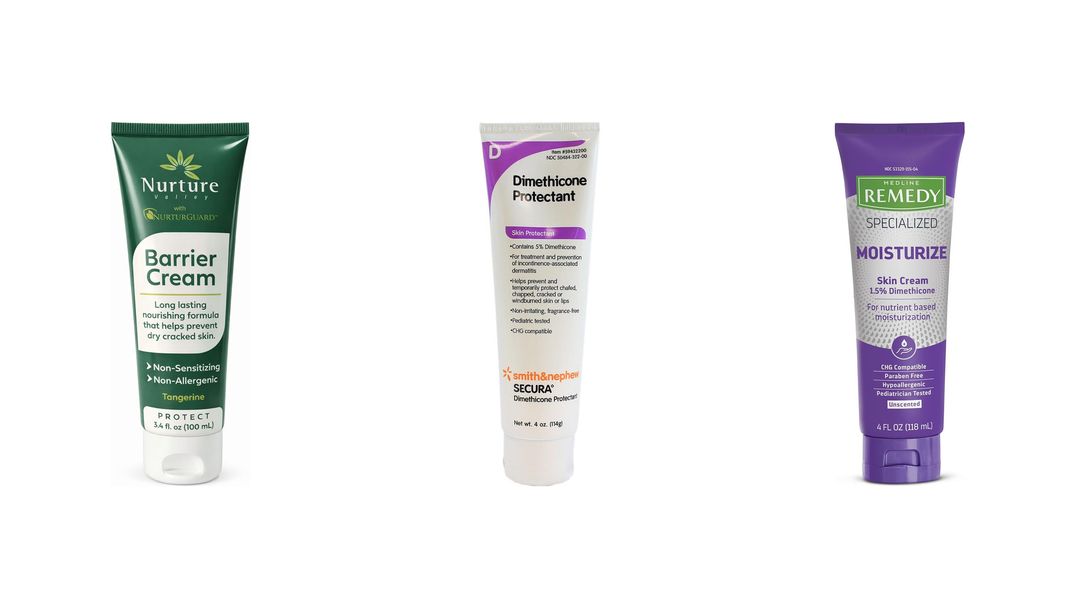 Three cream tubes on white: Nurture Valley Barrier Cream, Secura Dimethicone Protectant and Medline Remedy Moisturize