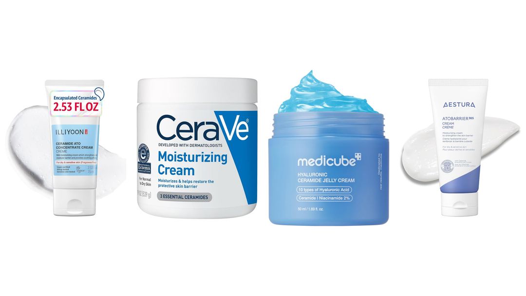 Four ceramide moisturizers lined up on white: two tubes, a CeraVe tub and a blue jar