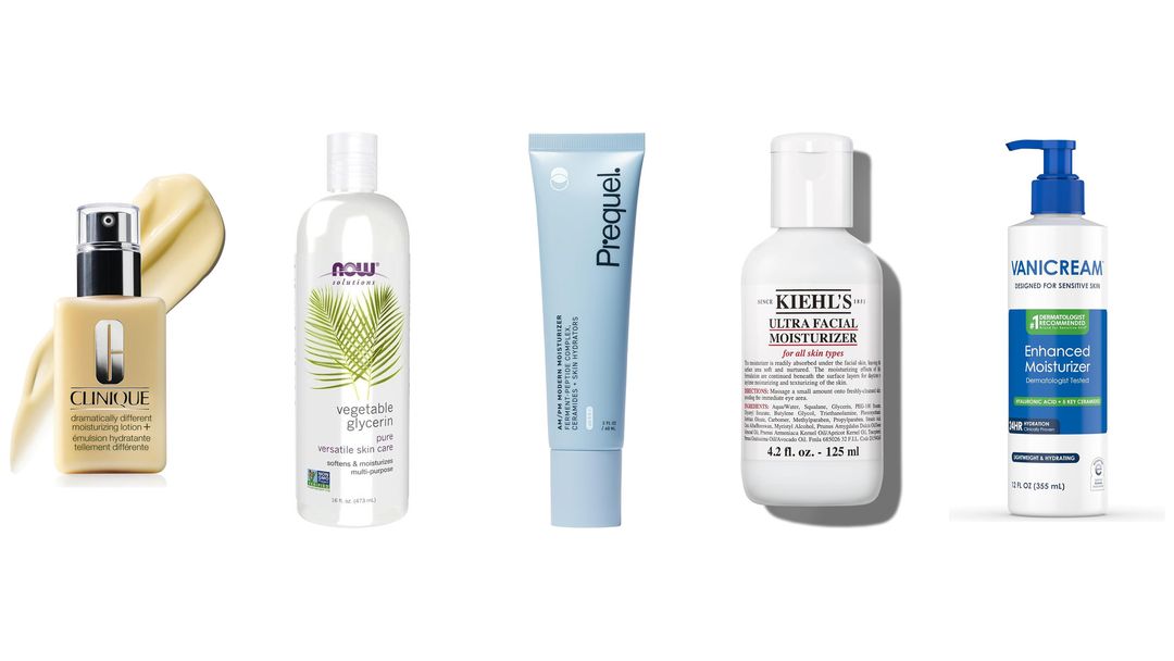 Five moisturizer bottles containing glycerin lined up on white, including a bottle of pure vegetable glycerin