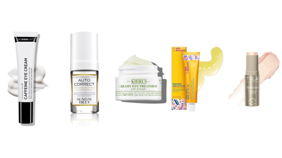 Five caffeine eye products lined up on white: tubes, a pump bottle, a jar and a balm stick