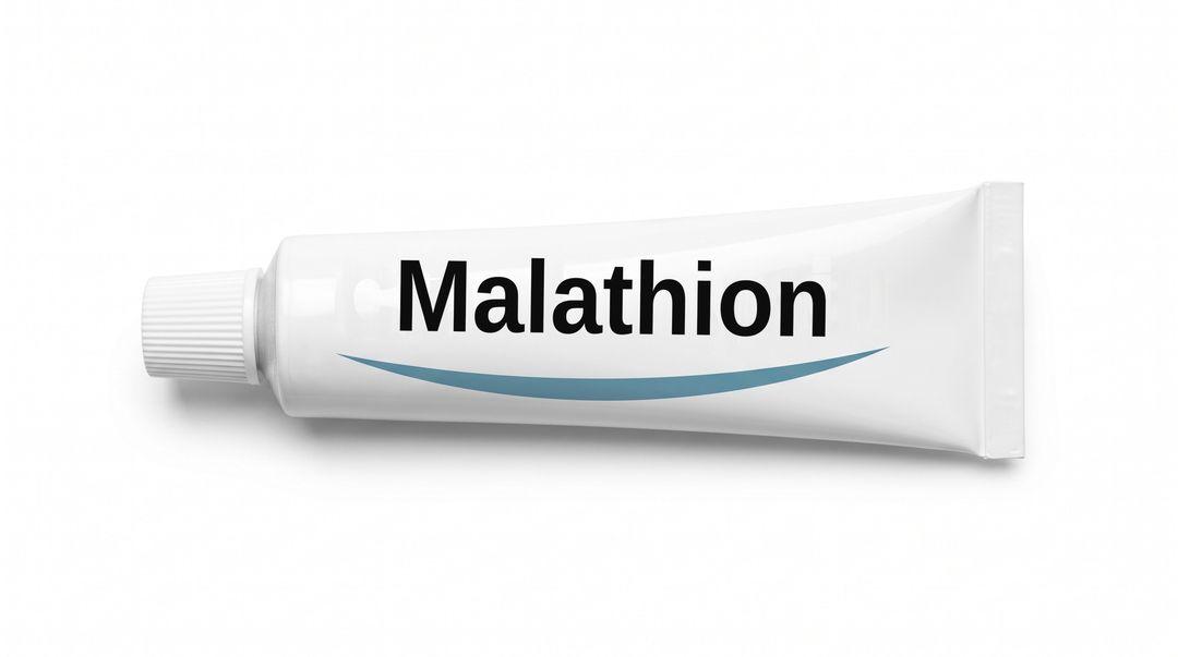 A white cream tube lying on its side on a white background, with a plain white label reading Malathion and a blue swoosh beneath it.