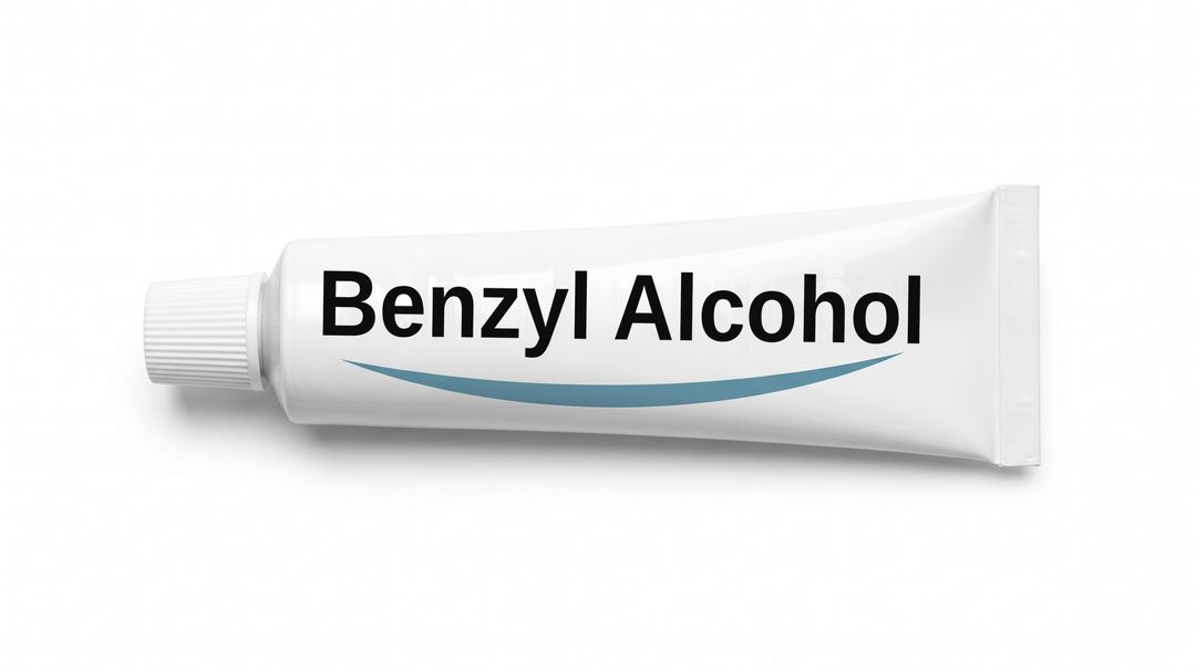 A white cream tube lying on its side on a white background, with a plain white label reading Benzyl Alcohol and a blue swoosh beneath it.