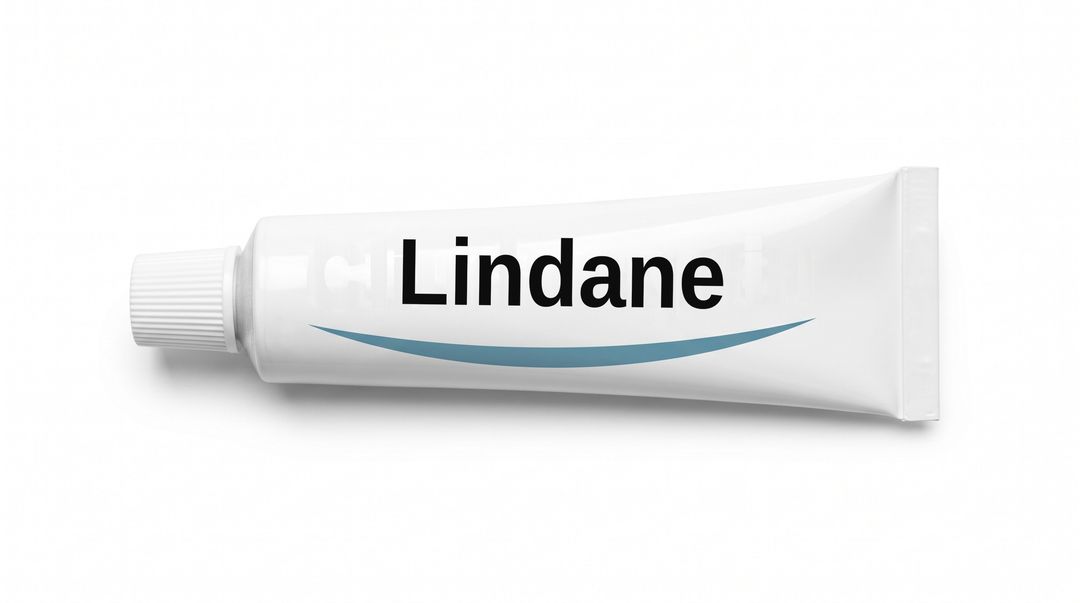 A white cream tube lying on its side on a white background, with a plain white label reading Lindane and a blue swoosh beneath it.