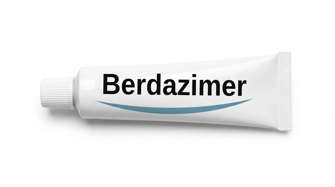 A white cream tube lying on its side on a white background, with a plain white label reading Berdazimer and a blue swoosh beneath it.