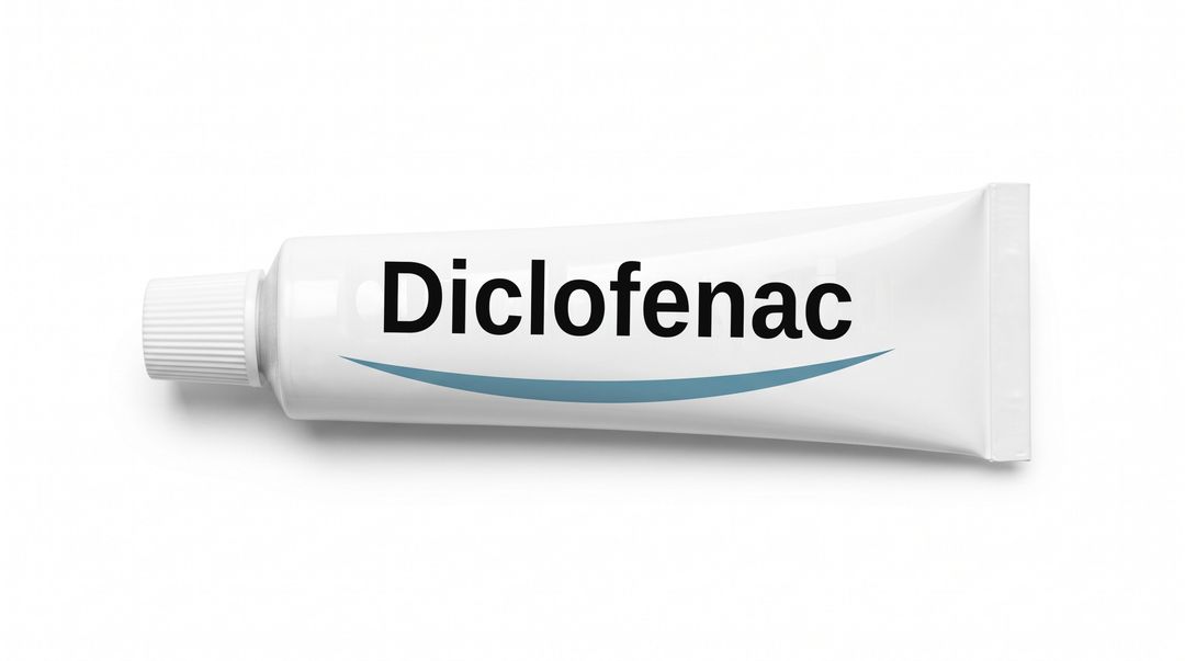 A white cream tube lying on its side on a white background, with a plain white label reading Diclofenac and a blue swoosh beneath it.