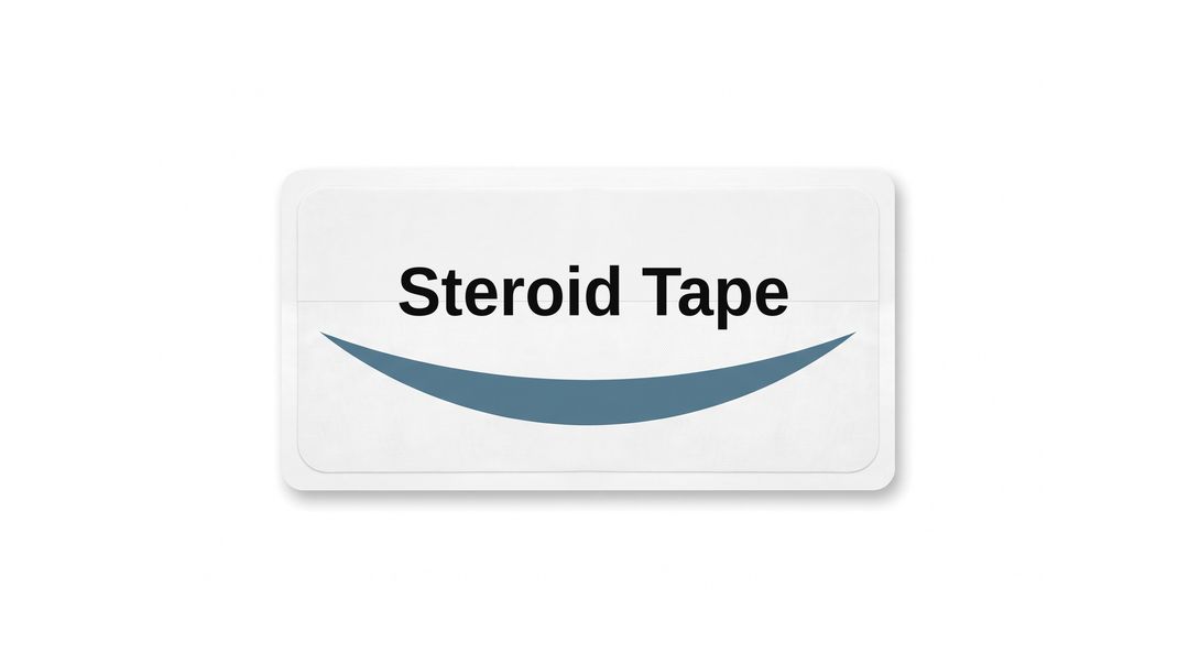 A white medicated skin patch on a white background, with a plain white label reading Steroid Tape and a blue swoosh beneath it.