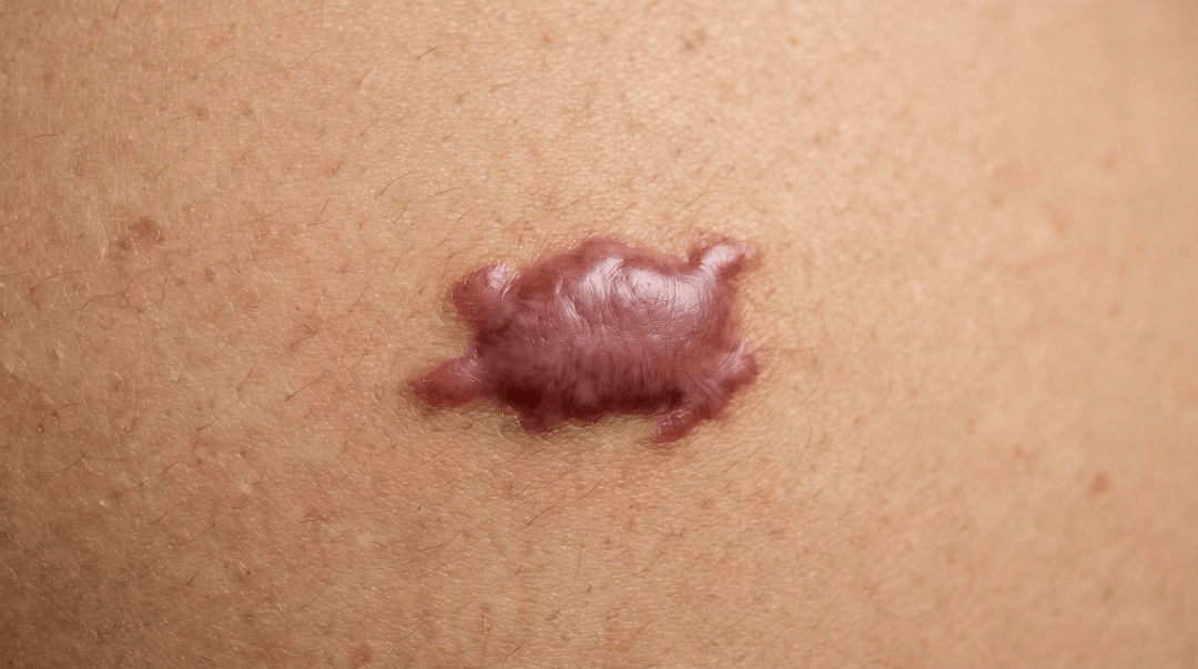 A raised, smooth, firm scar on the upper chest on medium tan skin. It is dusky pink-brown and only slightly different in color from the skin around it, and its edges spread well past the small mark it grew from.