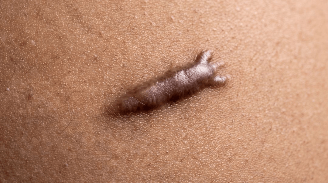 A raised, smooth, firm scar on the upper chest on brown skin. It is brown-purple rather than red, shiny and hairless, and its edges spread well past the small mark it grew from.