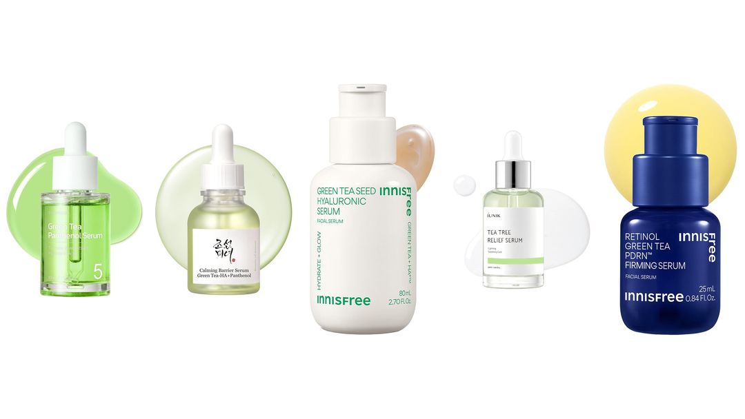 Five green tea serum bottles lined up on white with pale green gel swatches behind them
