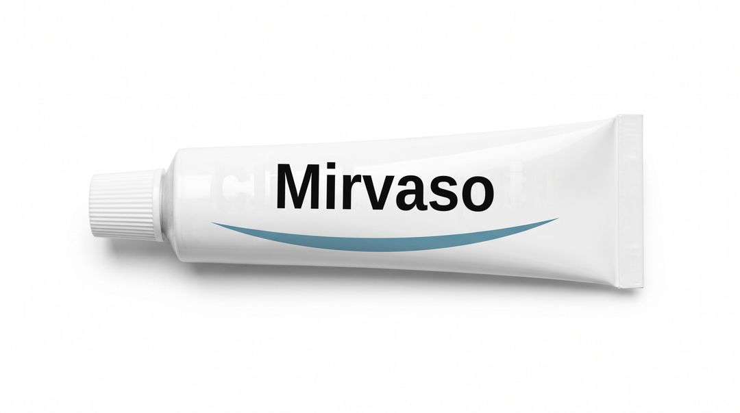 A white squeeze tube lying on white, labeled Mirvaso above a blue swoosh