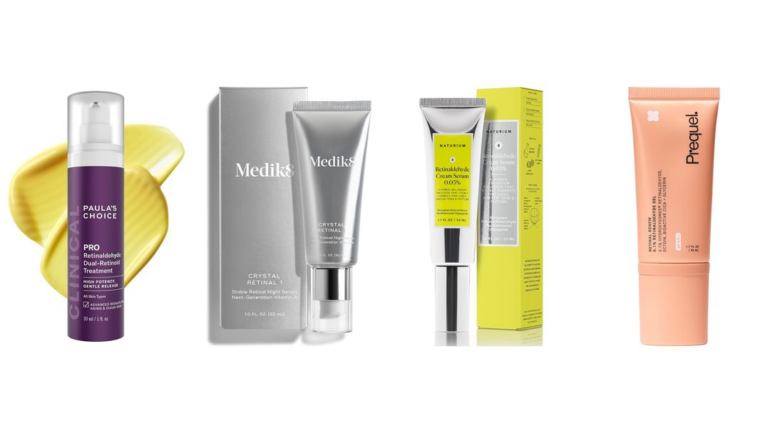 Four retinaldehyde products with two boxes on white, from Paula's Choice, Medik8, Naturium and Prequel