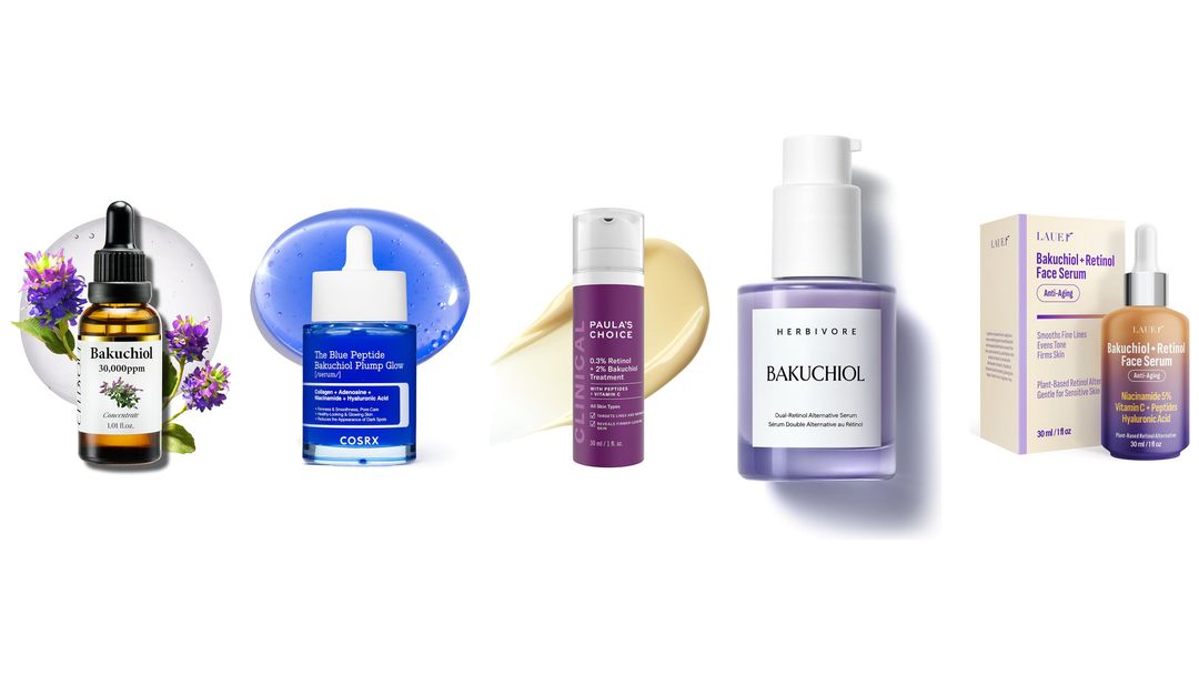Five bakuchiol serums on white, including a dropper bottle with purple flowers, COSRX, Paula's Choice, Herbivore and LAUEF