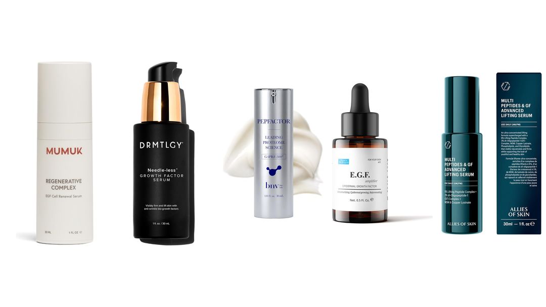 Five growth factor serums lined up on white, including MUMUK, DRMTLGY, PEPFACTOR, E.G.F. and Allies of Skin